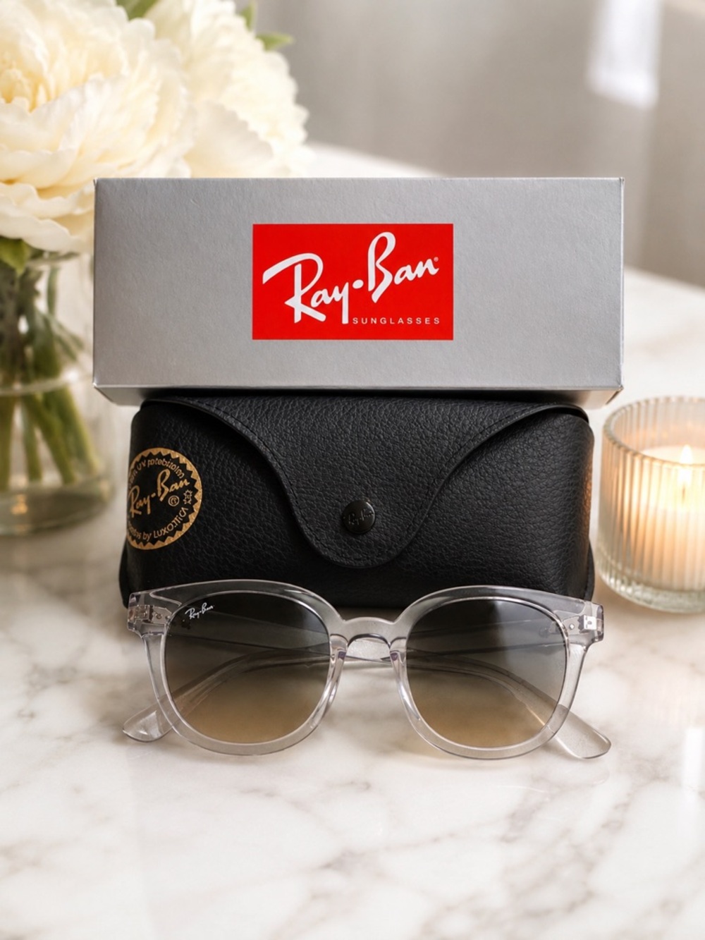 Ray-Ban RB4324 6447/32 Crystal Gray Gradient Sunglasses w/ Case & Box